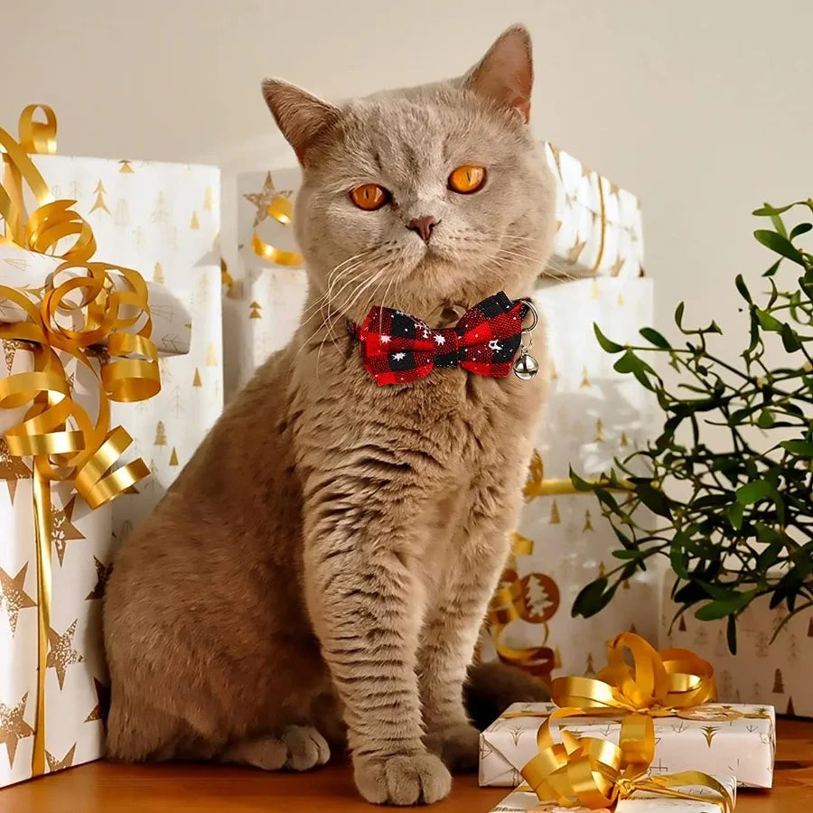 Christmas Snowflake Checker Bowknot Bell Cat Collar, Safety Buckle, Removable Pet Collar, Small Dog/Cat Christmas Bell Collar