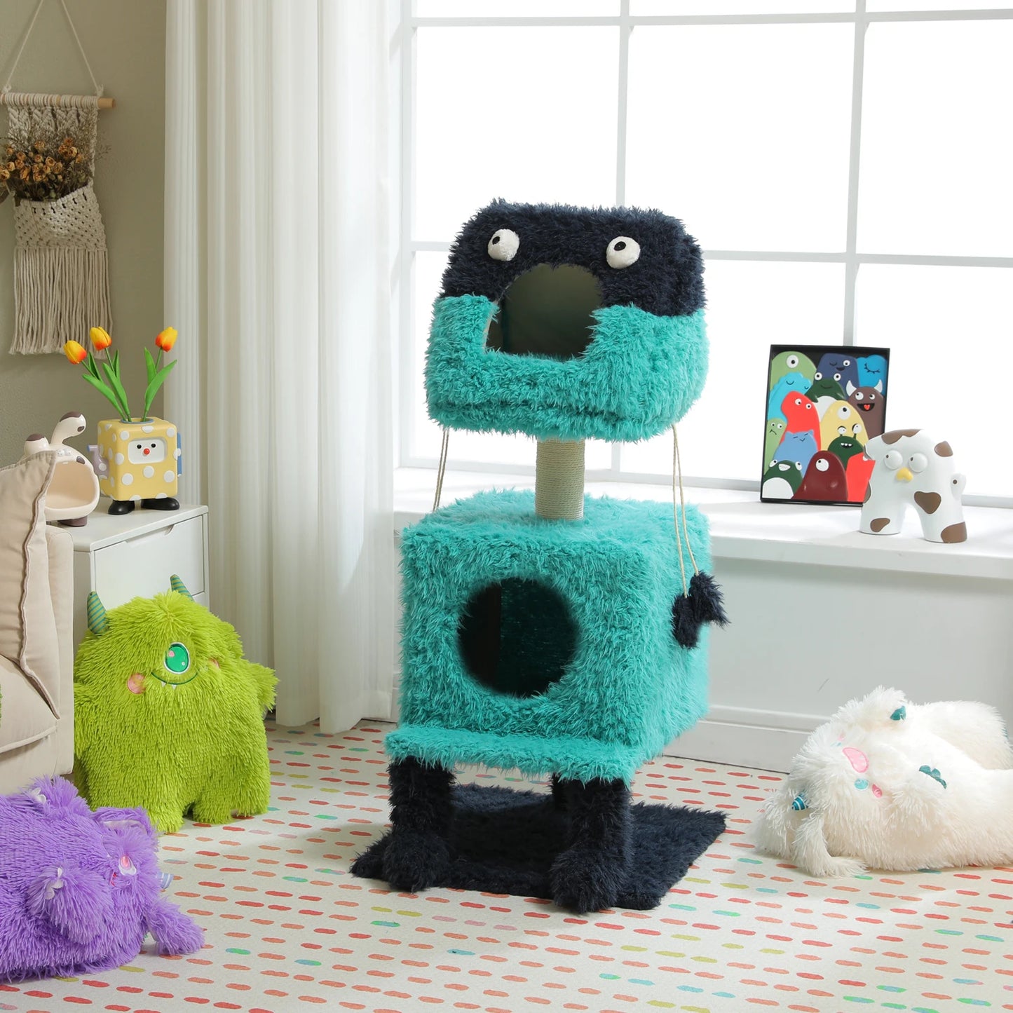 Monster Series Cute Cat Tree Tower, Plush Modeling with 2 Big Cat Condos, Cat Scratching Post with Plush Shoes, Strange Braids Toy