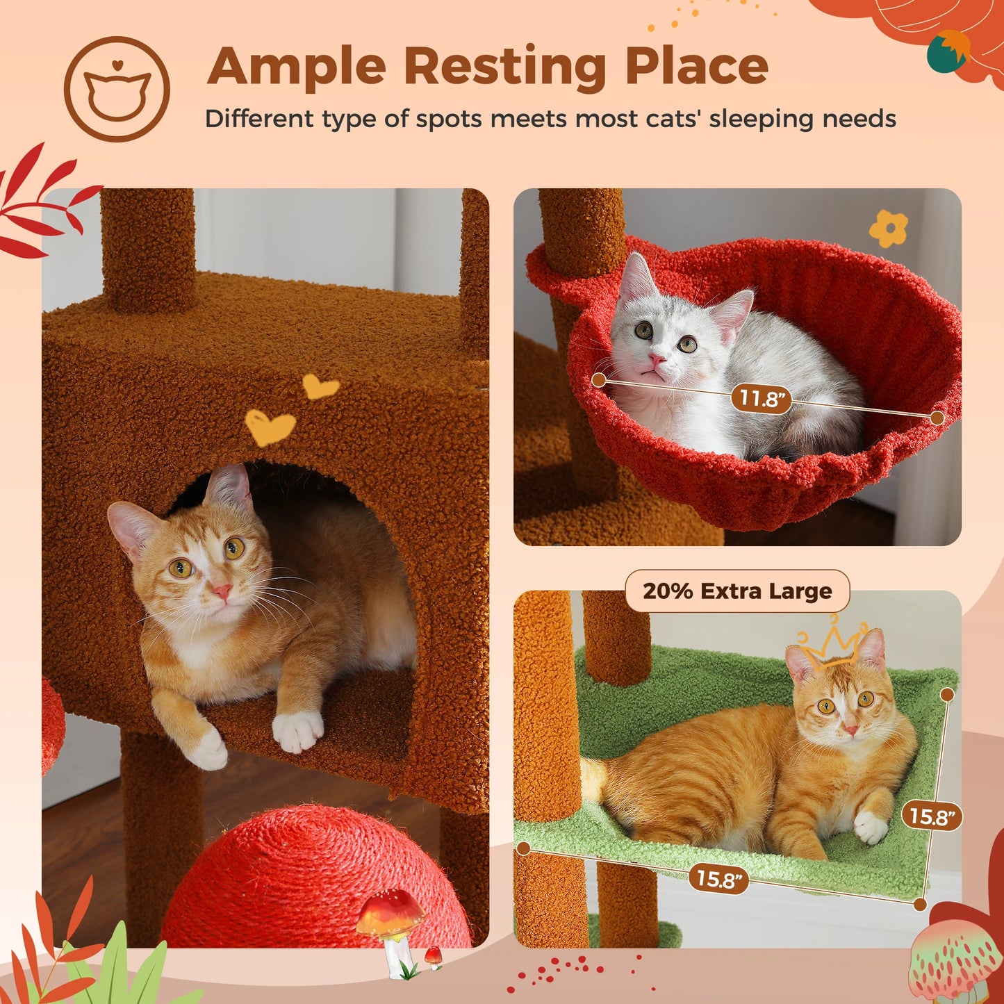 Adjustable Cat Tree, Floor to Ceiling Cat Condo, Hanging Ball, 5 Scratching Posts, Hammock, Ample Resting Place for Cats