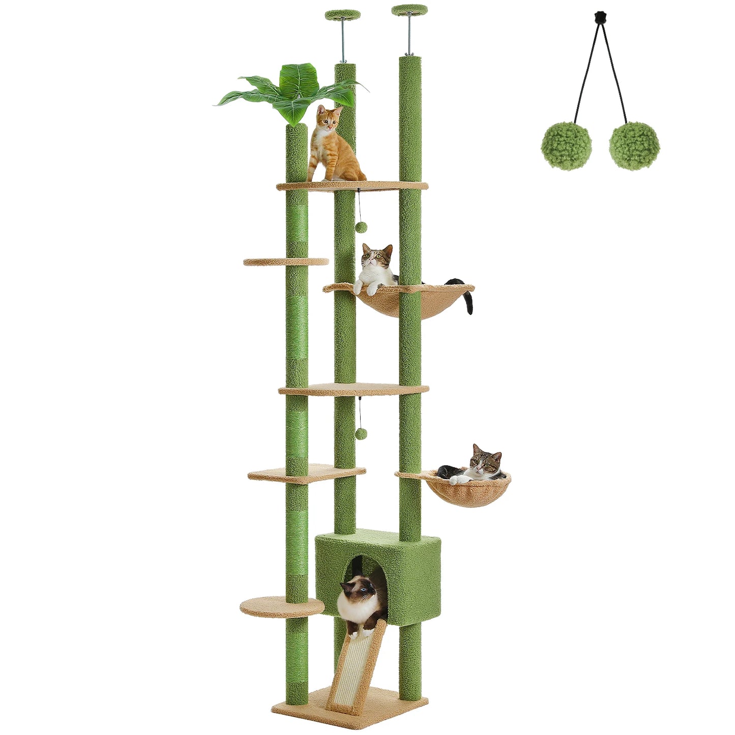 Adjustable Cat Tree, Floor to Ceiling Cat Condo, Hanging Ball, 5 Scratching Posts, Hammock, Ample Resting Place for Cats