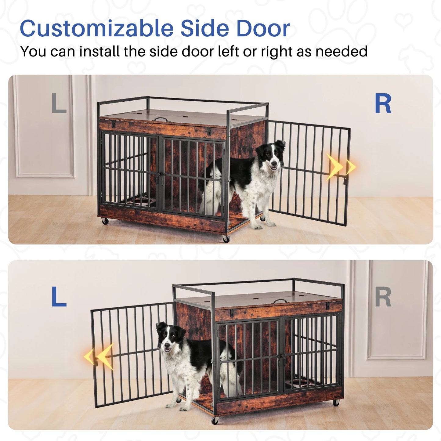 Dog Crate Furniture End Table, Dog Kennel Indoor, Heavy Duty Dog House w/ Wheels, Feeder Bowls Flip Top 43.7 x 30 x 37.8 in