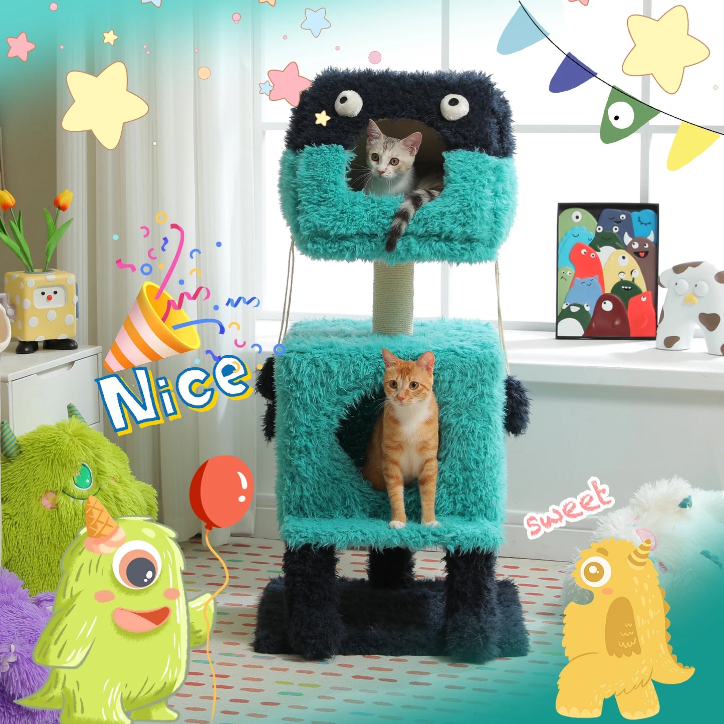 Monster Series Cute Cat Tree Tower, Plush Modeling with 2 Big Cat Condos, Cat Scratching Post with Plush Shoes, Strange Braids Toy