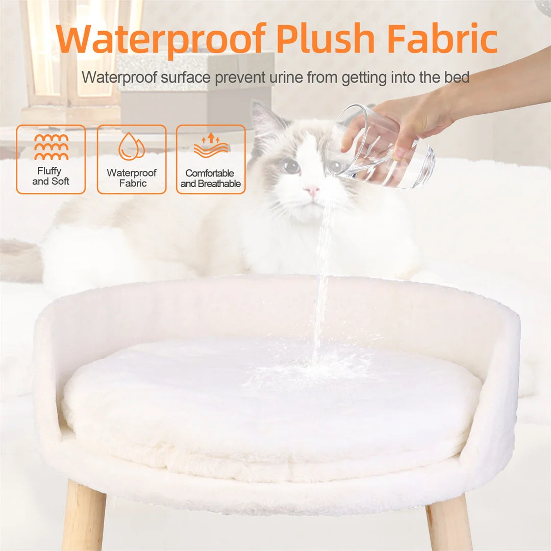 Luxury Cat Bed, Soft Warm Plush Fabric, Pet Nesting Chair, Bed Stool, Wood Legs with Cushion Pad, Washable Waterproof for Small Pets