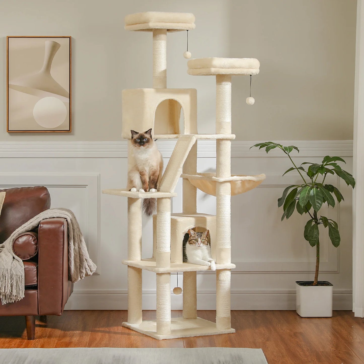Deluxe 70in/180cm Multi-Level Cat Tree, Plush Condo, 6 Scratching Posts, Perches, Caves, Hammock, Pompoms, for Active Felines