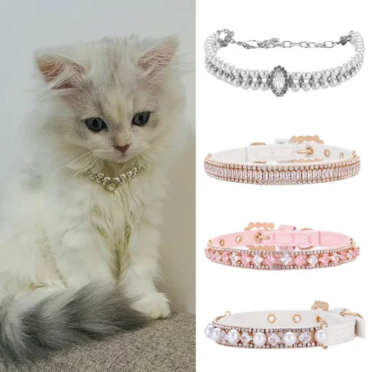 Luxury Puppy Kitten, Pearl Rhinestone Necklace, Collar for Cats, Small Dogs, Pretty Pet Accessories
