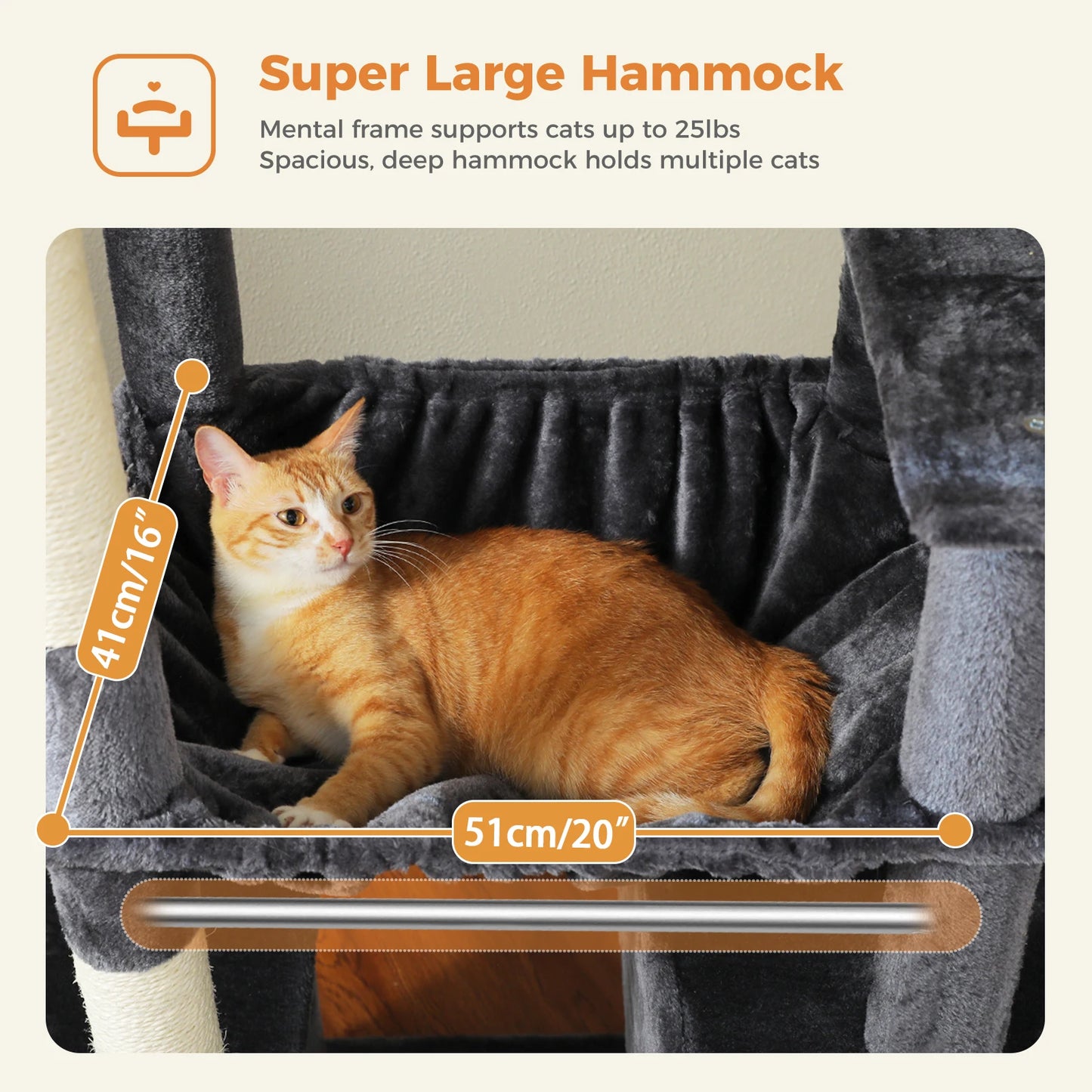 Tall Cat Tree for Large Cat with Large Hammock, Multi-Level Cat Tower with 2 Spacious Condos, Sisal Scratching Posts, Cat Toys