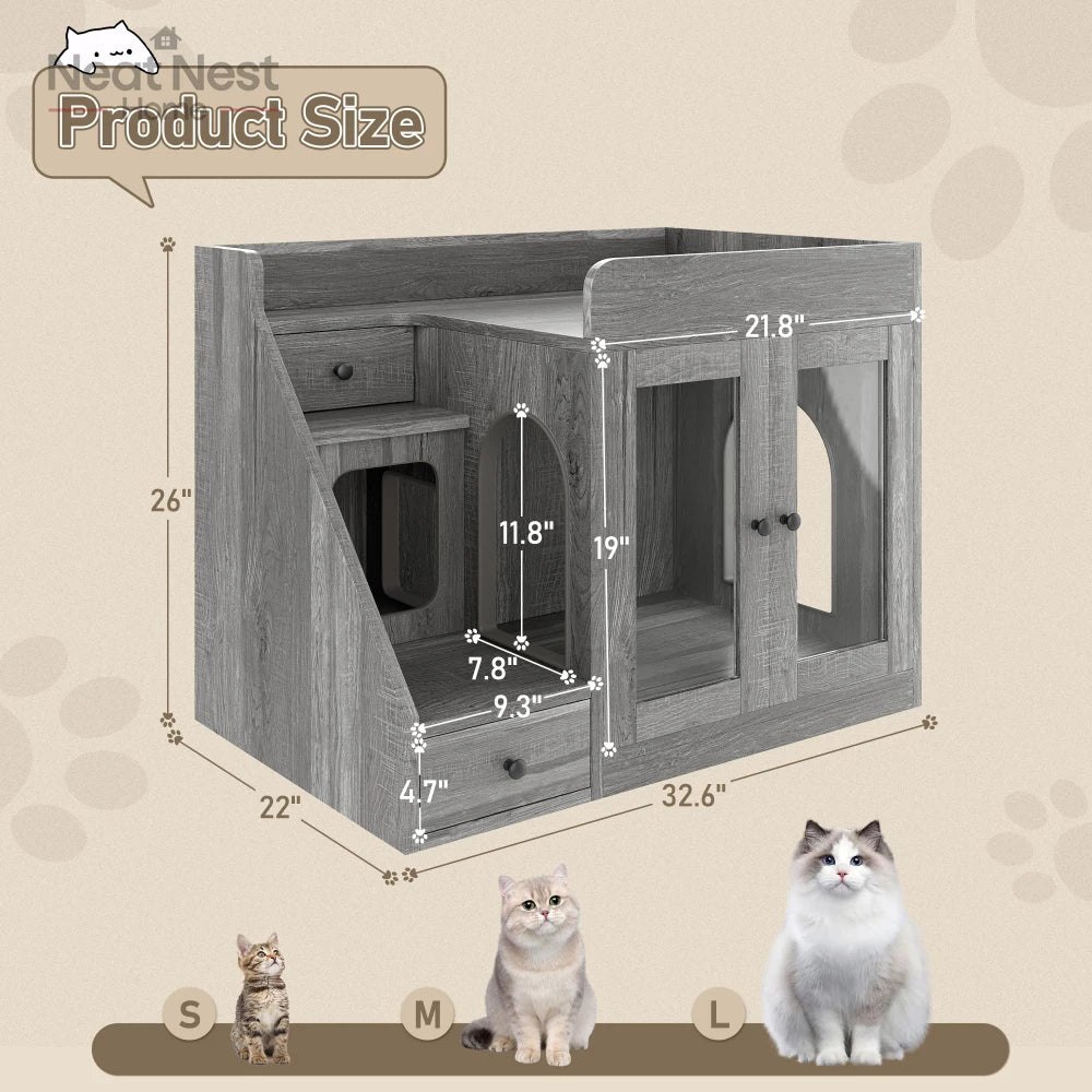 Indoor Cat House for Living Room, Cat Litter Box Enclosure with Light, Hidden Litter Box Furniture with 2 Storage Drawers