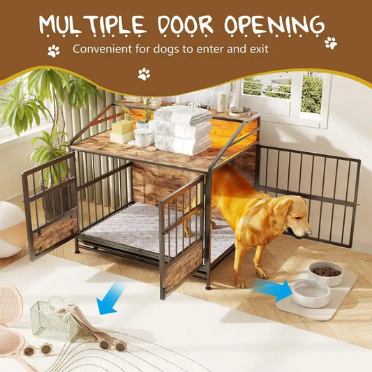 Multi-Function Wooden Dog Crate with Storage, Multiple Door Kennel for Large/Medium Dogs, Indoor Use, Brown Finish