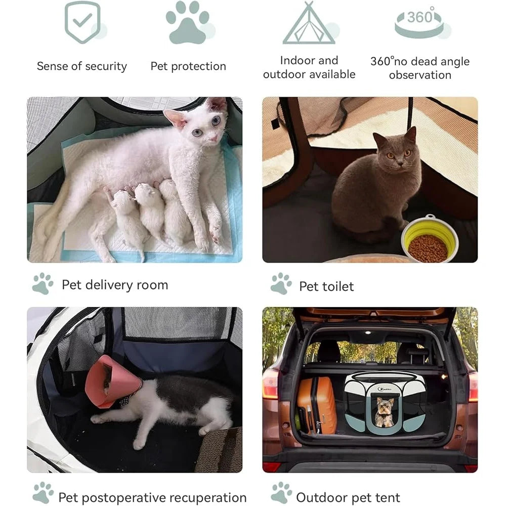 Portable Dog/Cat Playpen, Indoor-Outdoor Crate, Waterproof Foldable Pet Kennel, Easy Setup, 360 View