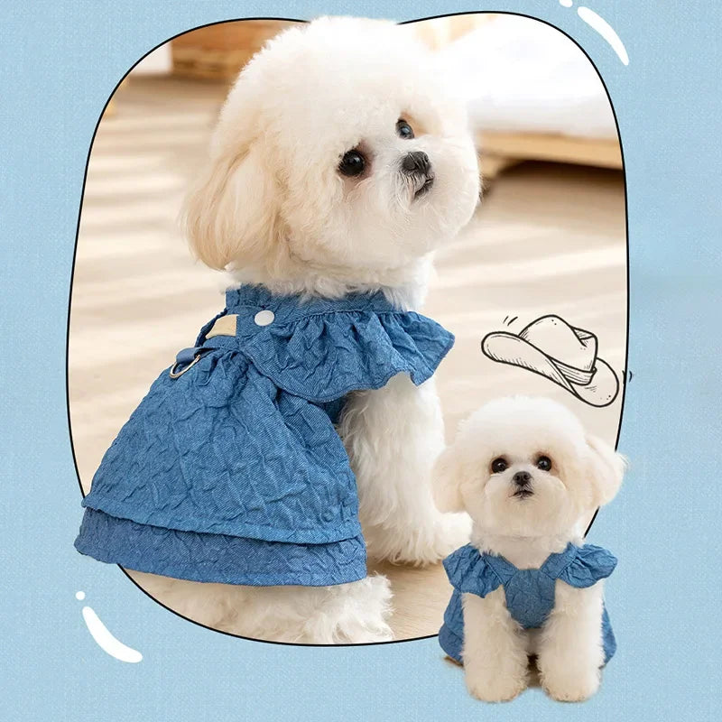 Denim Dog Dresses for Small Dogs, Puppy Girl Clothes, Leash Ring, Flying Sleeves, Summer Cat Apparel Blue, Chihuahua Outfits