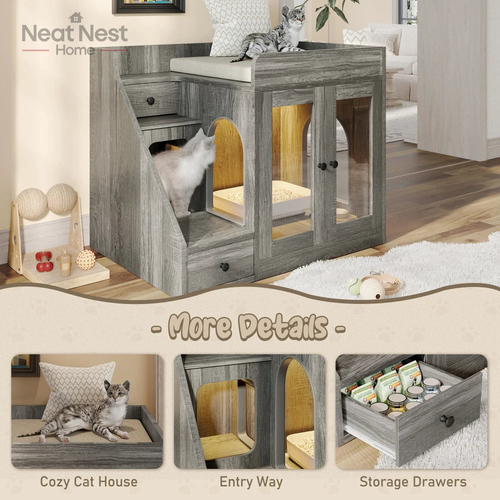 Indoor Cat House for Living Room, Cat Litter Box Enclosure with Light, Hidden Litter Box Furniture with 2 Storage Drawers