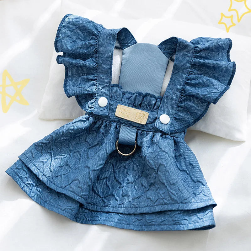 Denim Dog Dresses for Small Dogs, Puppy Girl Clothes, Leash Ring, Flying Sleeves, Summer Cat Apparel Blue, Chihuahua Outfits