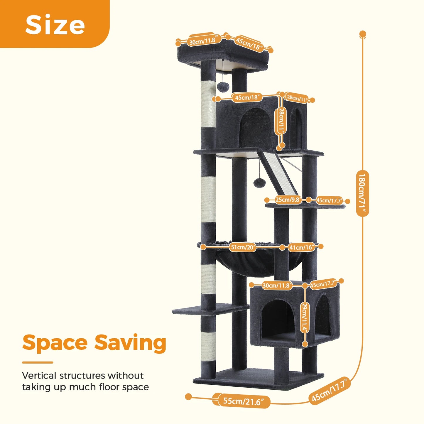Tall Cat Tree for Large Cat with Large Hammock, Multi-Level Cat Tower with 2 Spacious Condos, Sisal Scratching Posts, Cat Toys