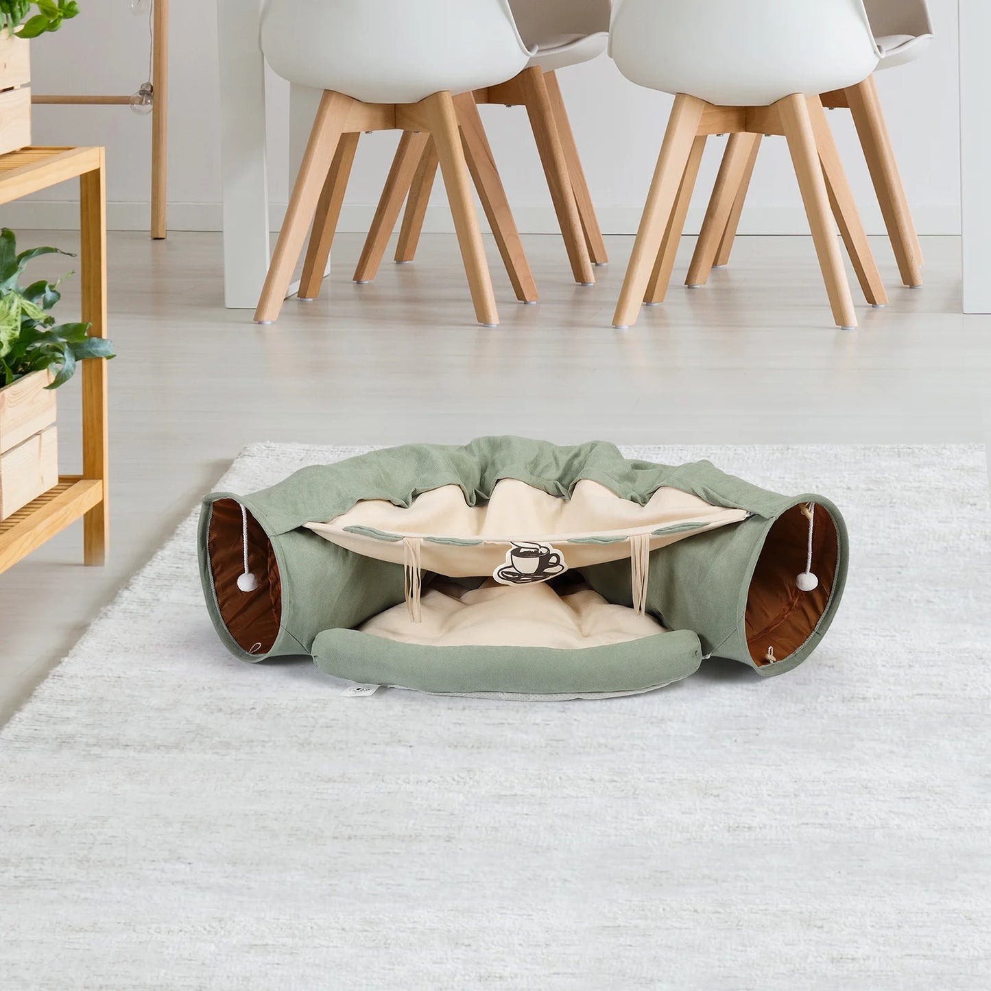 Cat’s Telescopic Cushioned Tunnel Bed, Pet Nest with Teasing Balls