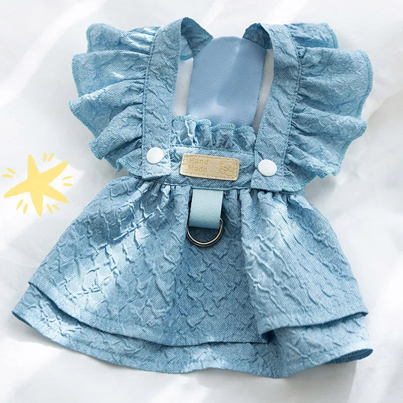 Denim Dog Dresses for Small Dogs, Puppy Girl Clothes, Leash Ring, Flying Sleeves, Summer Cat Apparel Blue, Chihuahua Outfits
