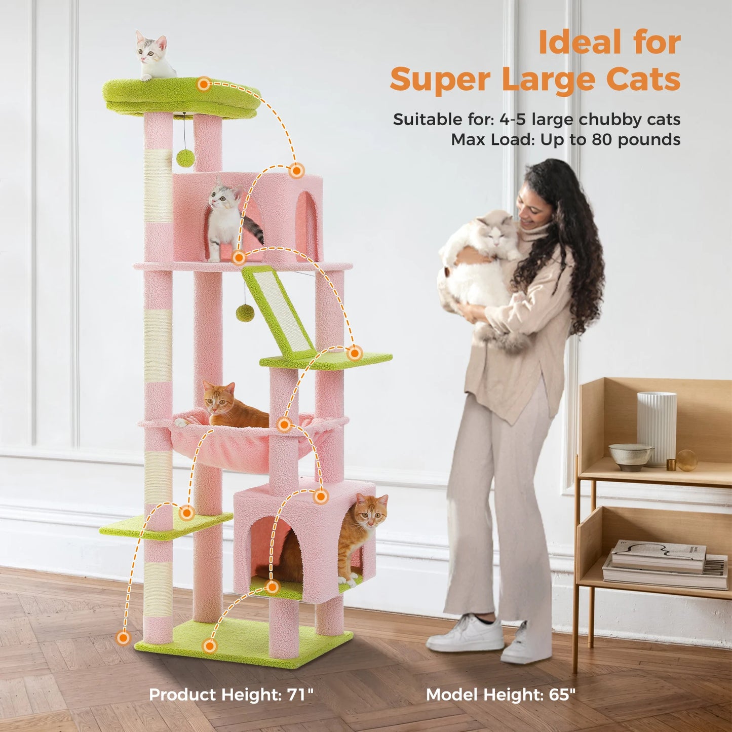 Tall Cat Tree for Large Cat with Large Hammock, Multi-Level Cat Tower with 2 Spacious Condos, Sisal Scratching Posts, Cat Toys