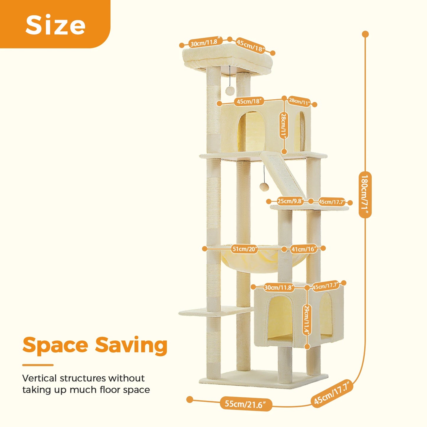 Tall Cat Tree for Large Cat with Large Hammock, Multi-Level Cat Tower with 2 Spacious Condos, Sisal Scratching Posts, Cat Toys