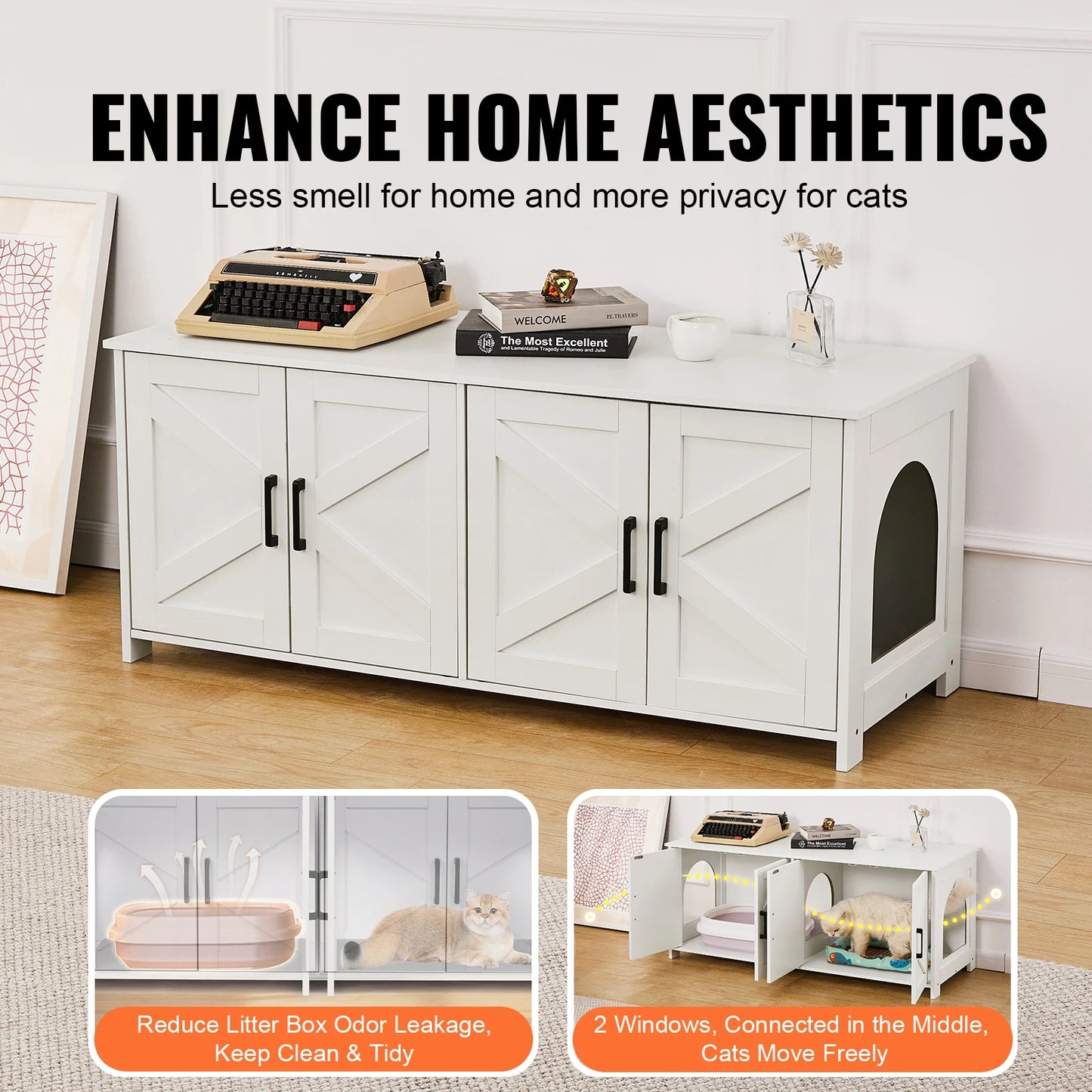 Cat Litter Box Enclosure for 2 Cats, Furniture, Hidden Wooden Cat Litter Box Cabinet