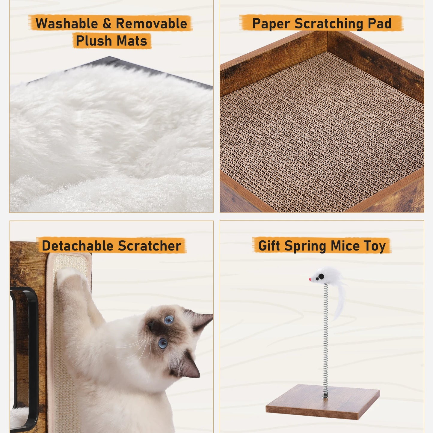 Wooden Cat Condo House with Plush Mats, Scratching Pad, Detachable Scratcher, Quality Furniture End Table Cat Condo