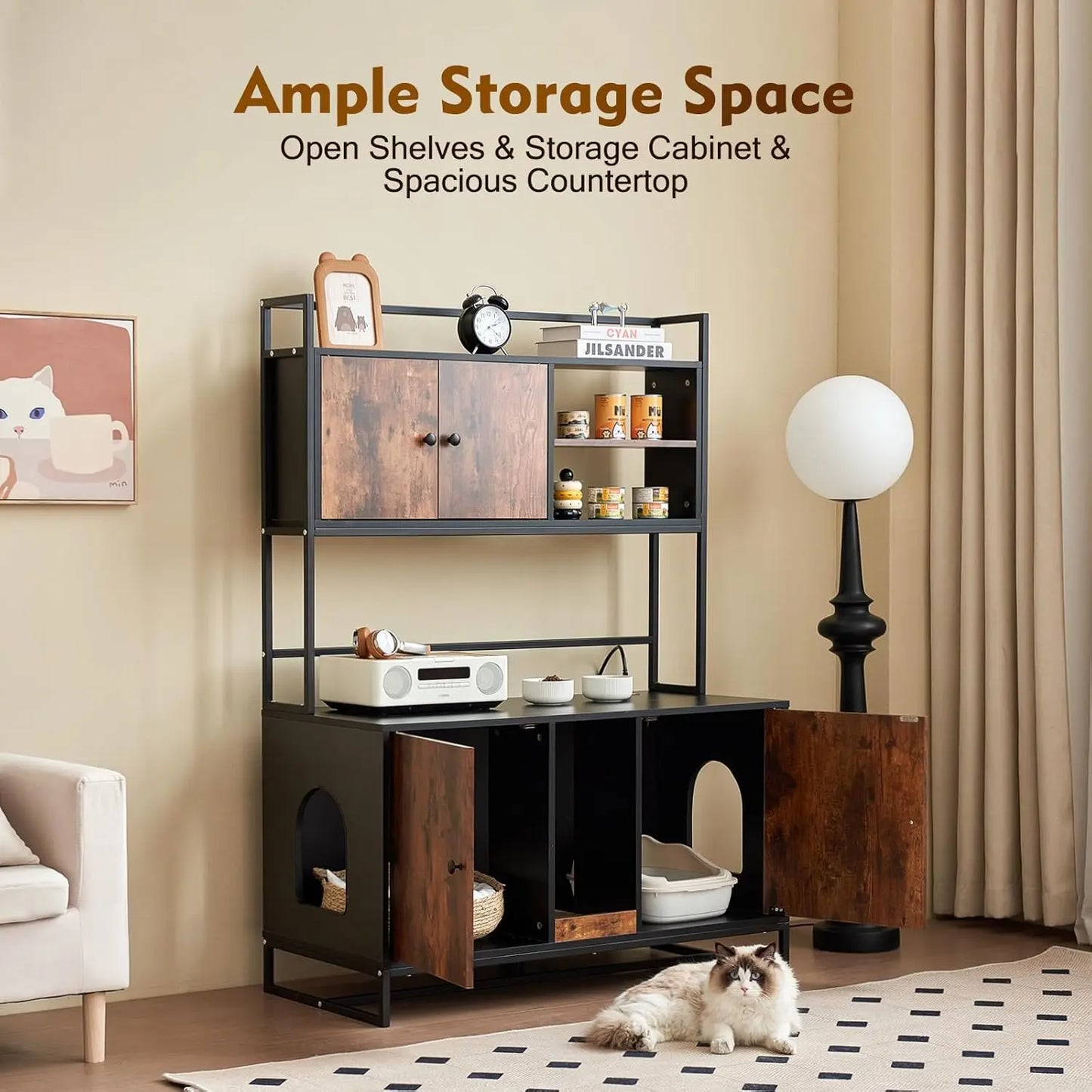 Cat Litter Box Enclosure with Power Outlet, Upgraded, Large Double Hidden Cat Litter Box, Furniture with Shelf, Indoor Cat House, Brown or White