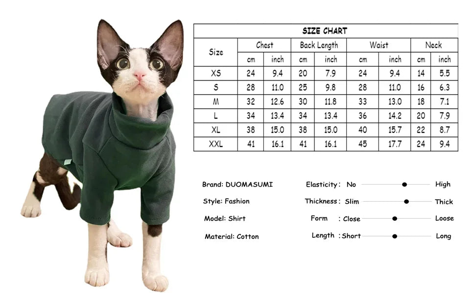 Sphynx Cat Clothes, Baby Soft Cotton, Fall Winter Kitten - Small Dog Clothes, for Cornish Devon, Cat Costume, Hairless Pet Clothes