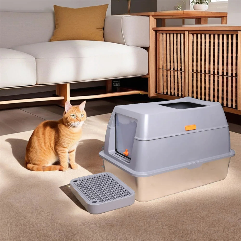 XXL Stainless Steel Cat Litter Box, Enclosed Puppy Cat Litter Tray with Lid Large, Litter Pan, High Wall Side, Easy Cleaning Toilet