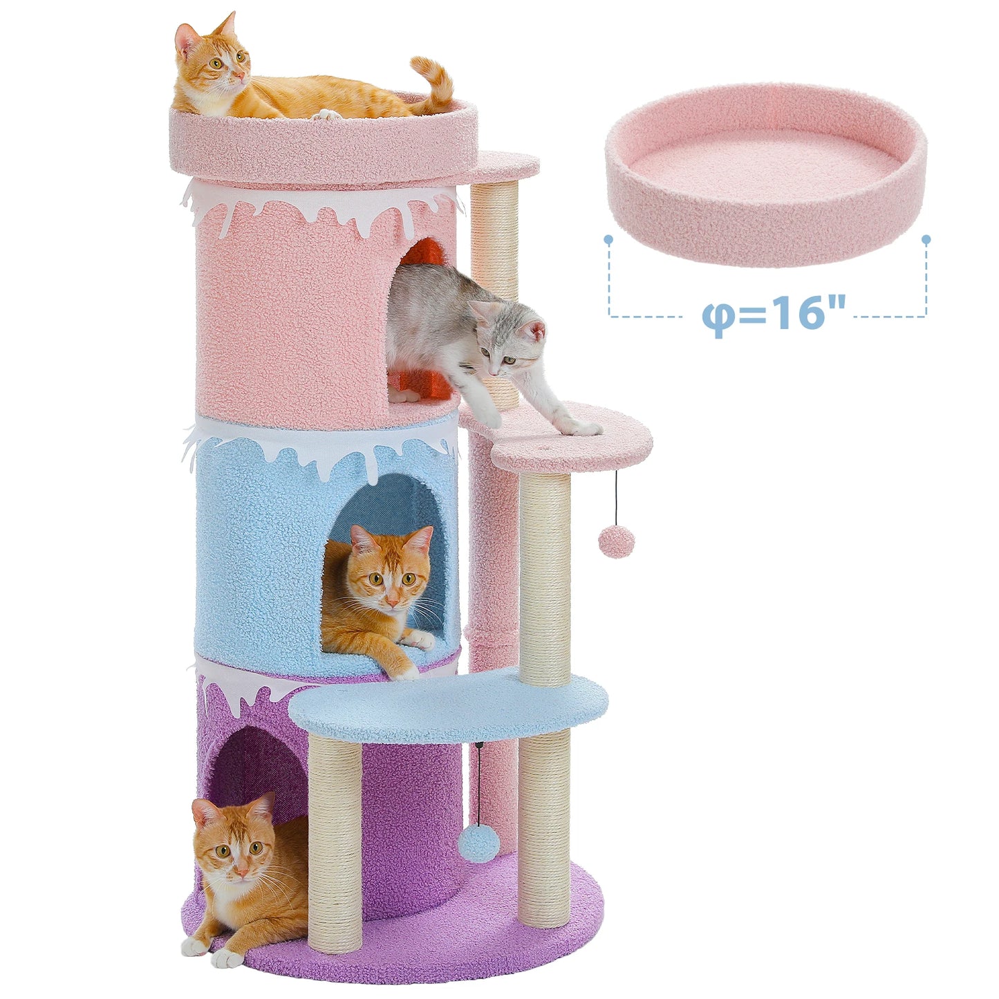 Multi-Level Cat Bed Cat House, Large Cat Condos for Indoor, Cute Cat Tree Tower with Sisal Scratching Posts, Pompoms, Kitten Toy