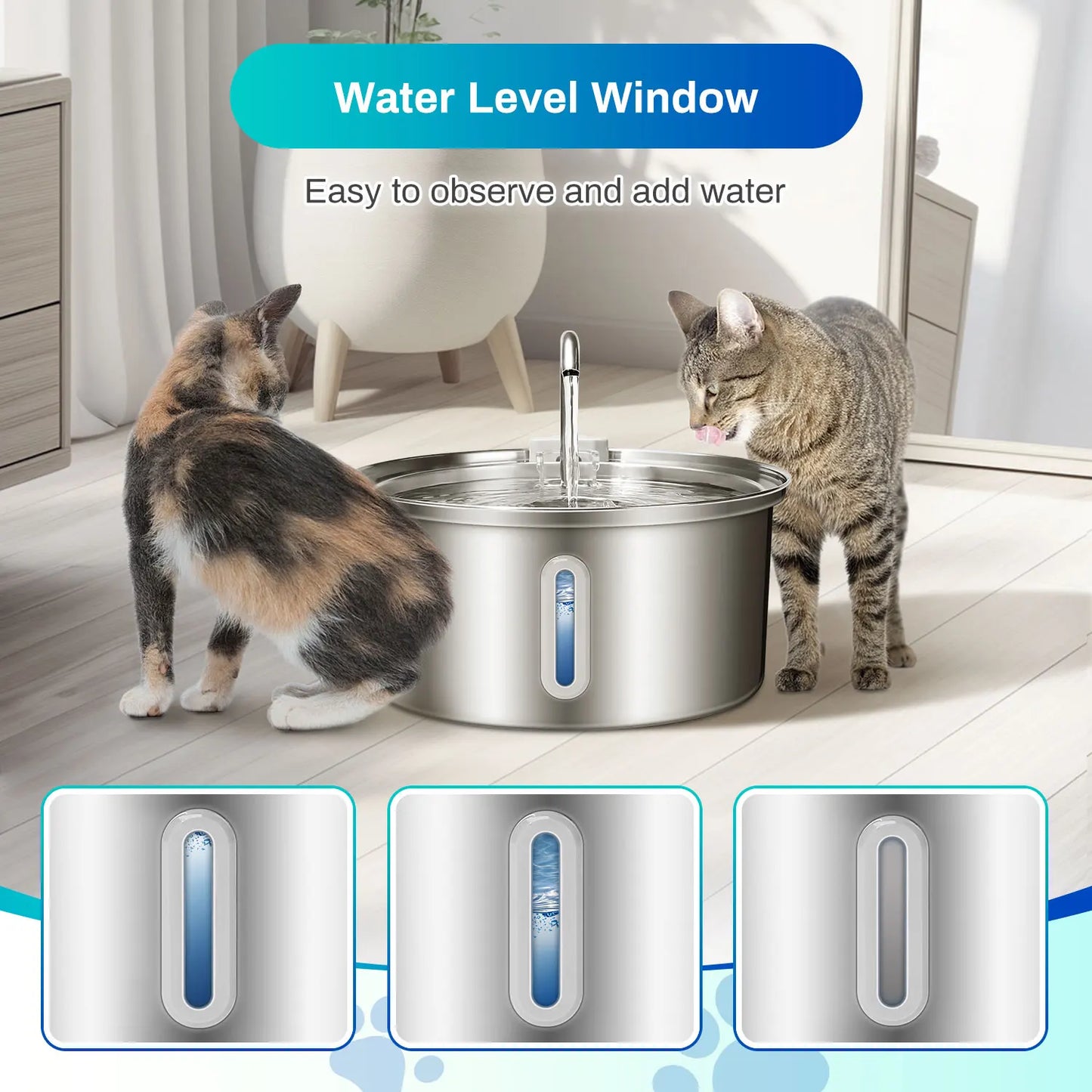 Cat Water Fountain Stainless Steel, 108oz/3.2L Pet Water Fountain With Ultra Quiet Pump, Filtration System, Water Level Window