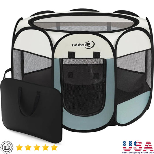 Portable Dog/Cat Playpen, Indoor-Outdoor Crate, Waterproof Foldable Pet Kennel, Easy Setup, 360 View