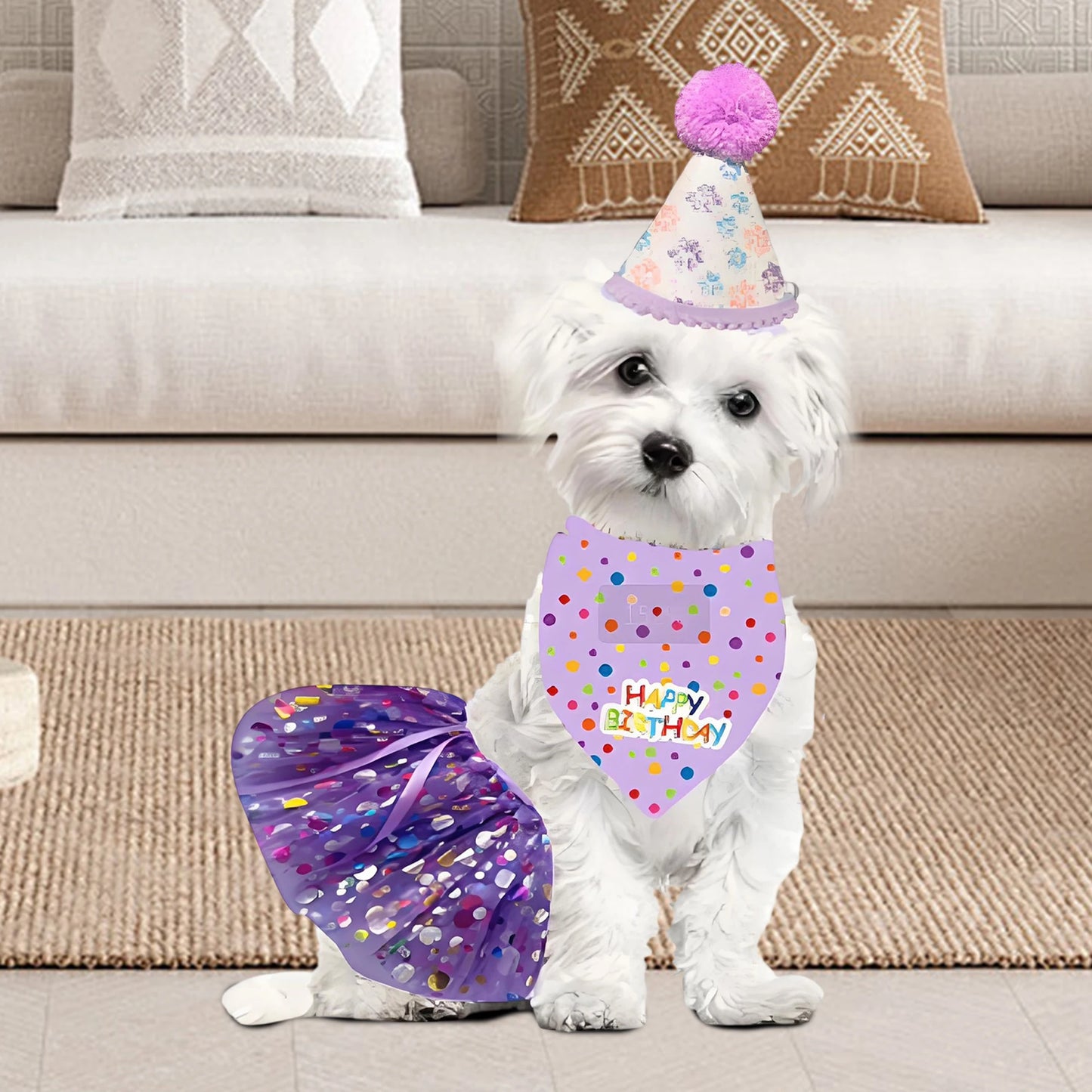 Cute Dog Birthday Costume Set, Adorable Party Hat, Matching Skirt and Scarf, Indoor and Outdoor Pet Celebrations