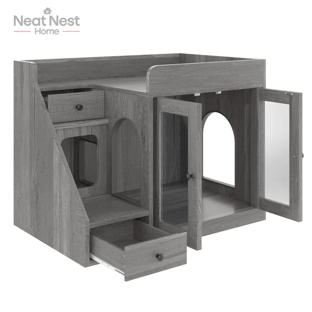 Indoor Cat House for Living Room, Cat Litter Box Enclosure with Light, Hidden Litter Box Furniture with 2 Storage Drawers
