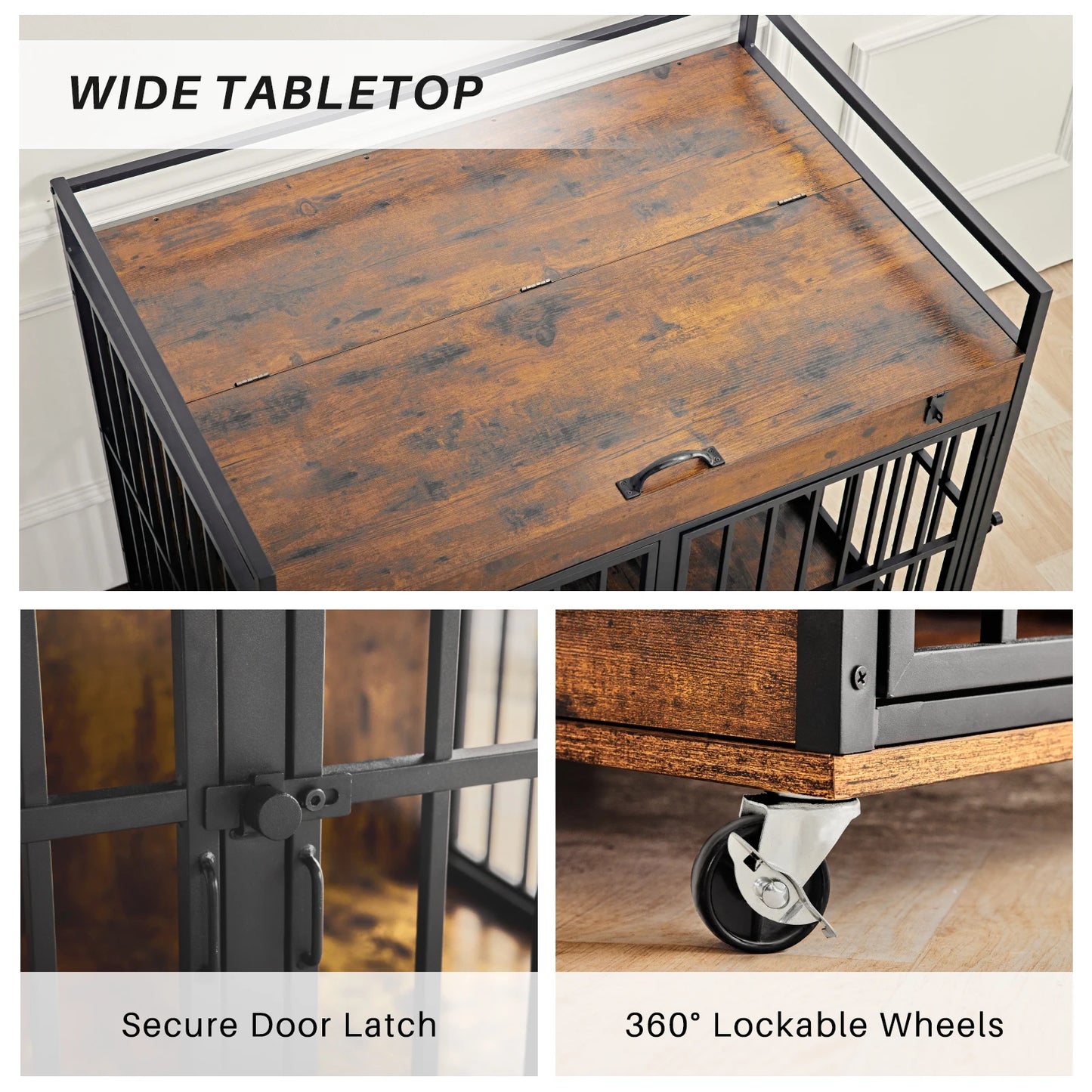 Dog Crate Furniture End Table, Dog Kennel Indoor, Heavy Duty Dog House w/ Wheels, Feeder Bowls Flip Top 43.7 x 30 x 37.8 in