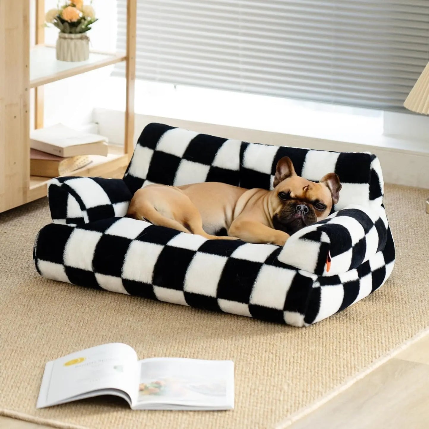 Pet Couch Bed 26×19×13 Inch, Washable Cat Bed, for Medium Small Dogs Cats up to 25 lbs, Fluffy Cat Couch Black White