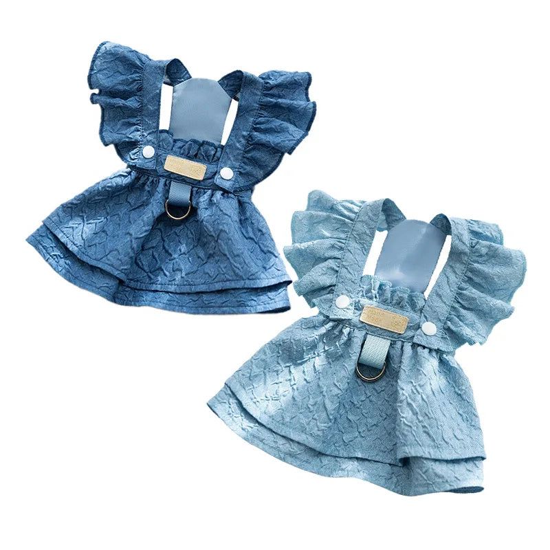 Denim Dog Dresses for Small Dogs, Puppy Girl Clothes, Leash Ring, Flying Sleeves, Summer Cat Apparel Blue, Chihuahua Outfits