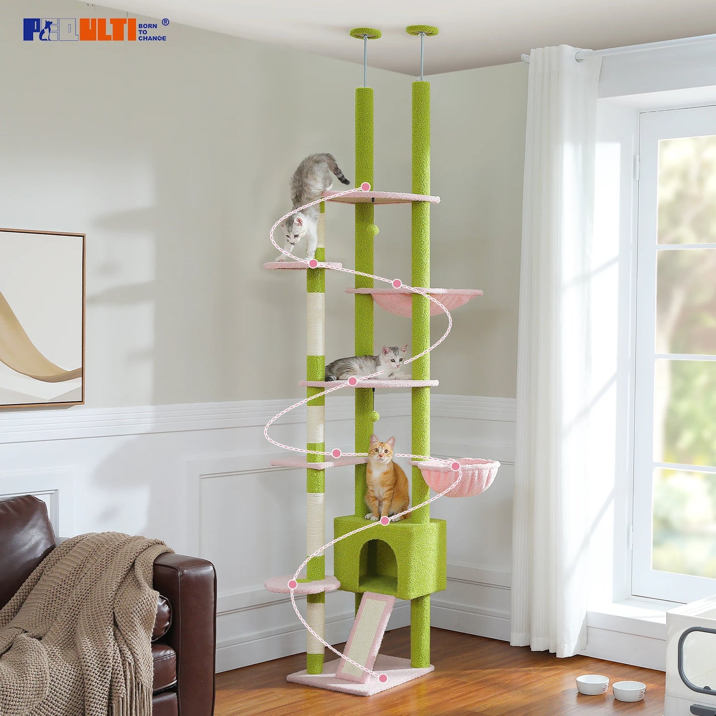 Adjustable Cat Tree, Floor to Ceiling Cat Condo, Hanging Ball, 5 Scratching Posts, Hammock, Ample Resting Place for Cats