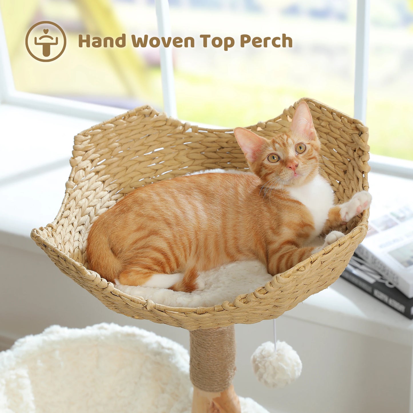 Modern Cat Tree, Natural Wood Cat Tower with Large Wicker Basket, Spacious Condo, Deep Hammock, Luxury Cat House Bed for Indoor