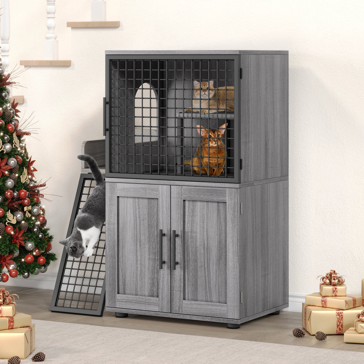 Cat Litter Box Enclosure with Platform, Double Layer Cat Litter, Hidden Furniture, Modern Villa Cat Cabinet with Ladder For Cat