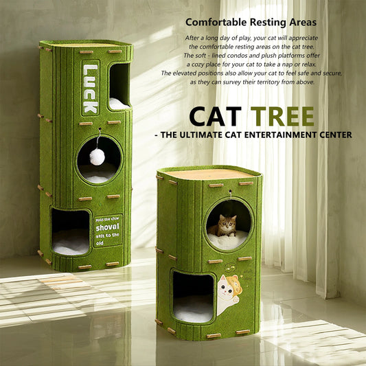 Three-Story Felt Cat Tree, Scratching Boards And Comfortable Caves, Multi-Story Cat Apartment Tower