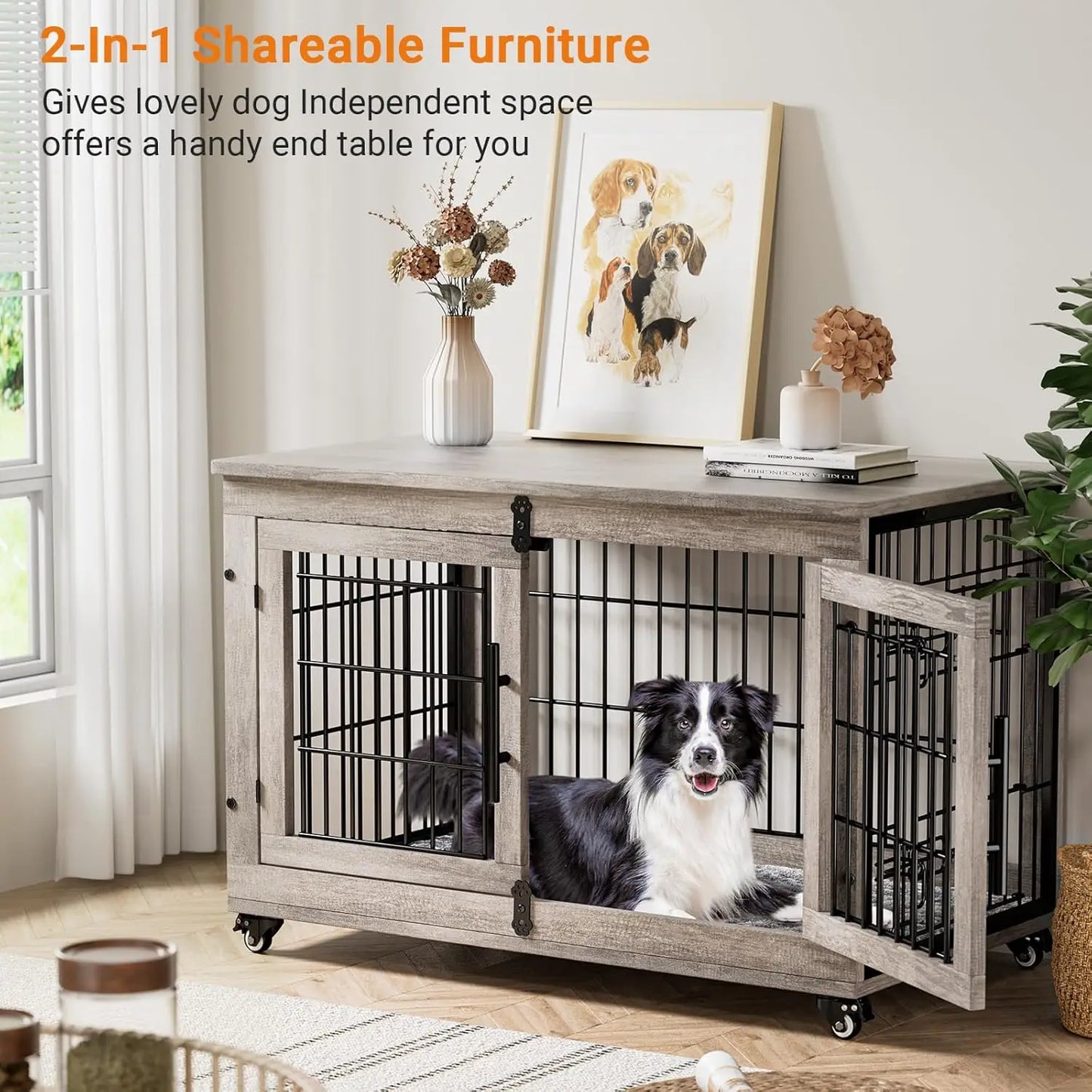 Dog Kennel Indoor, Double Doors Wooden Dog Cage, 38'' Heavy Duty Dog Crate, End Table, Pet House, Chew-Resistant, Up to 70 lb, Grey