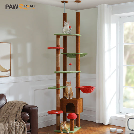 Adjustable Cat Tree, Floor to Ceiling Cat Condo, Hanging Ball, 5 Scratching Posts, Hammock, Ample Resting Place for Cats