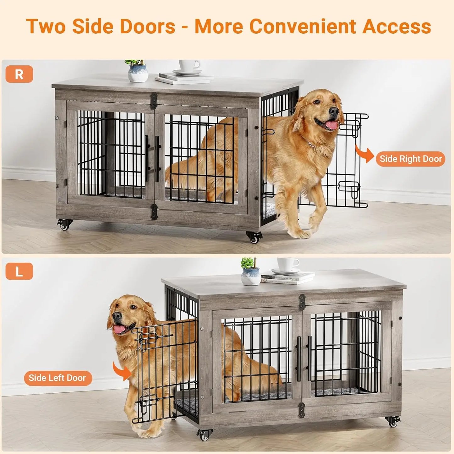 Dog Kennel Indoor, Double Doors Wooden Dog Cage, 38'' Heavy Duty Dog Crate, End Table, Pet House, Chew-Resistant, Up to 70 lb, Grey