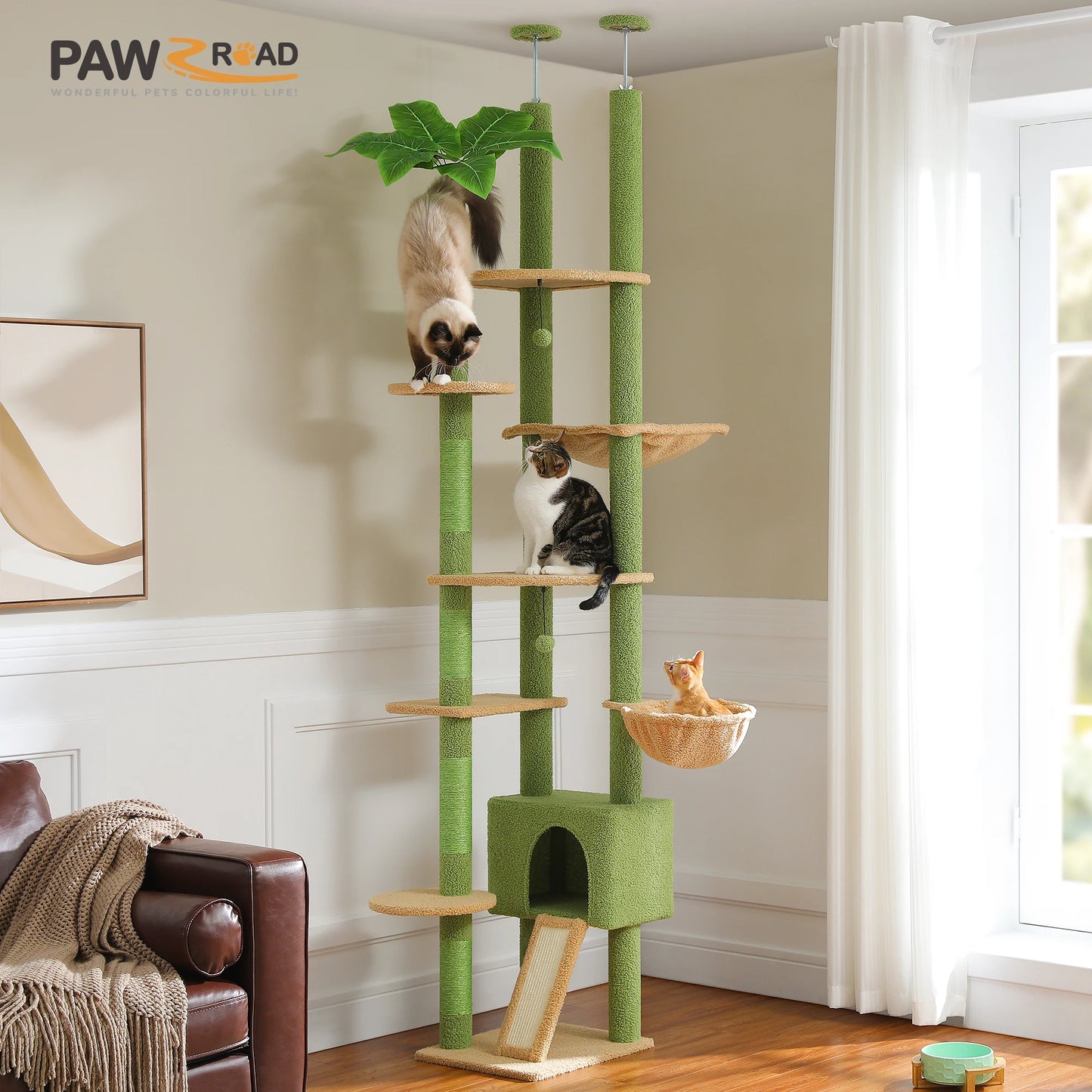 Adjustable Cat Tree, Floor to Ceiling Cat Condo, Hanging Ball, 5 Scratching Posts, Hammock, Ample Resting Place for Cats