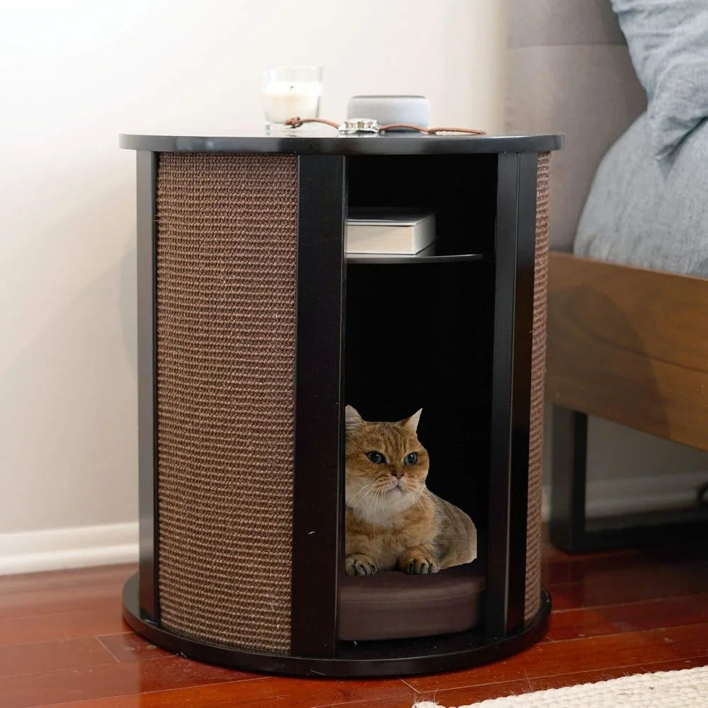 Purrrrfect End Table, Cat Bed Cave, Black Espresso, Multipurpose Wood Cat Furniture, Nightstand, Easy to Clean, Covered Cat Bed