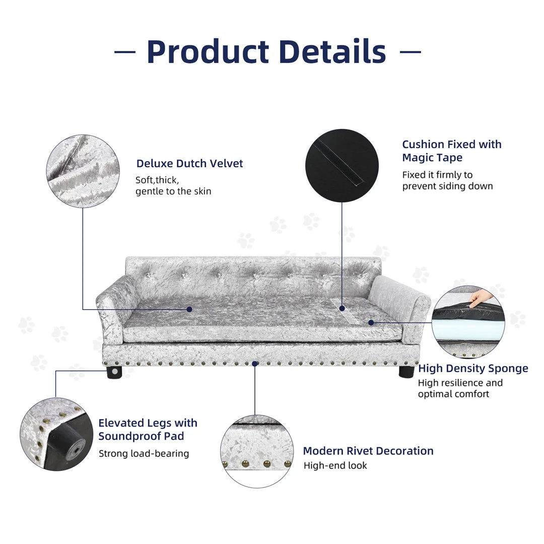 Deluxe Dog Couch Bed, Silver Dutch Velvet Upholstered Sofa Bed, Removable Cushion, for Medium to Large Dogs