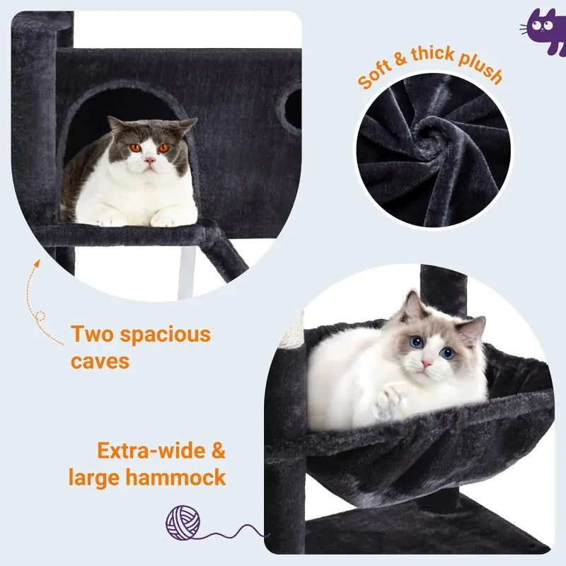 81 Inches Tall Cat Tree/Multi-Level, Large Climbing Tree House and Towers for Big Feline/Condo and Hammock/Dark Grey