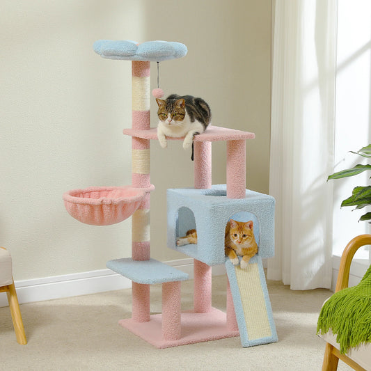 Multi-Level Flower Cat Tree Tower with Sisal Scratch Posts, Ramp, Top Perch and Fluffy Ball, for Small to Medium Indoor Cat.