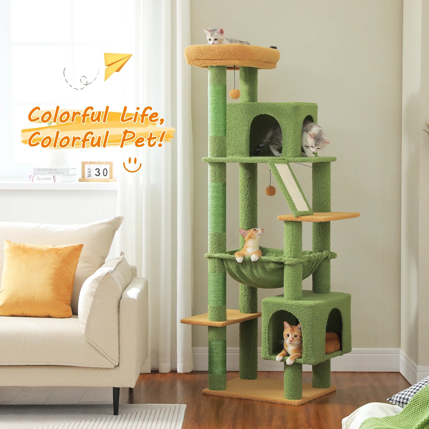 Tall Cat Tree for Large Cat with Large Hammock, Multi-Level Cat Tower with 2 Spacious Condos, Sisal Scratching Posts, Cat Toys