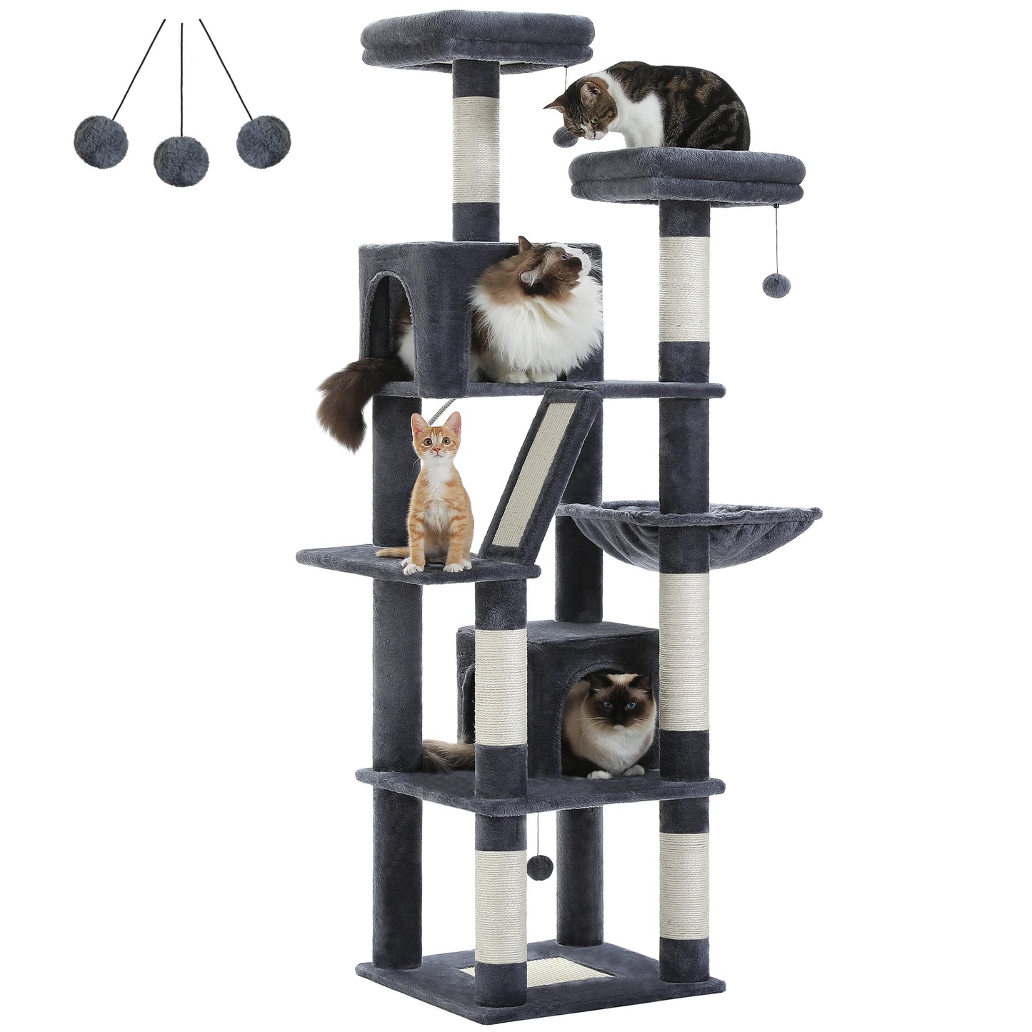 Deluxe 70in/180cm Multi-Level Cat Tree, Plush Condo, 6 Scratching Posts, Perches, Caves, Hammock, Pompoms, for Active Felines