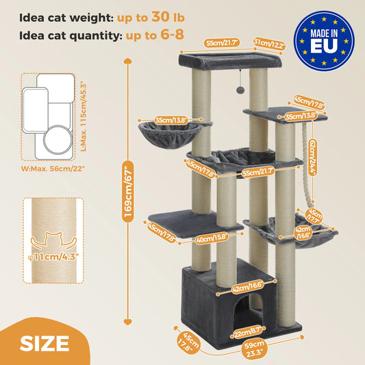 Large Cat Tree for Big Cats, Robust Cat Tower with Several Levels, Cat House Climbing Tree with Hammock ,11 Sisal Posts, Large Perch