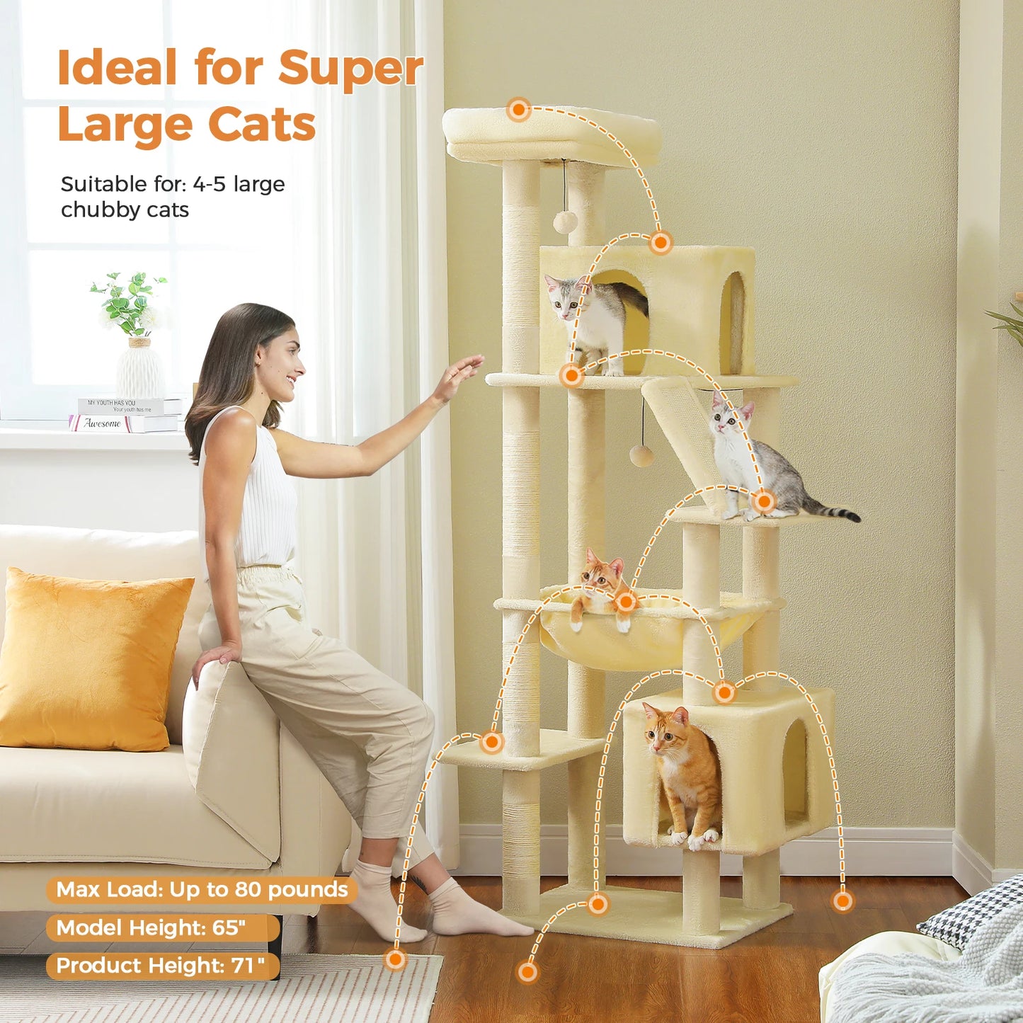 Tall Cat Tree for Large Cat with Large Hammock, Multi-Level Cat Tower with 2 Spacious Condos, Sisal Scratching Posts, Cat Toys